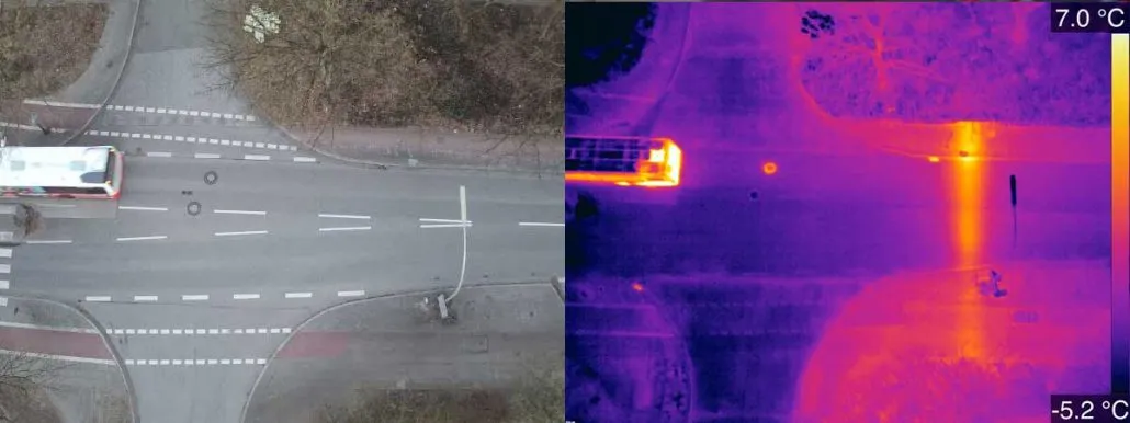 Útkereszteződés drónfelvétele: bal oldalt látható fényképen, jobb oldalt hőképen; a hőképen egy függőleges meleg sáv húzódik át az úton