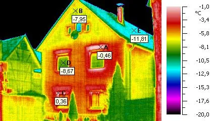 Hőkép egy nyeregtetős házról, a nagy falfelület vörös–narancs, mérőpont-értékekkel.