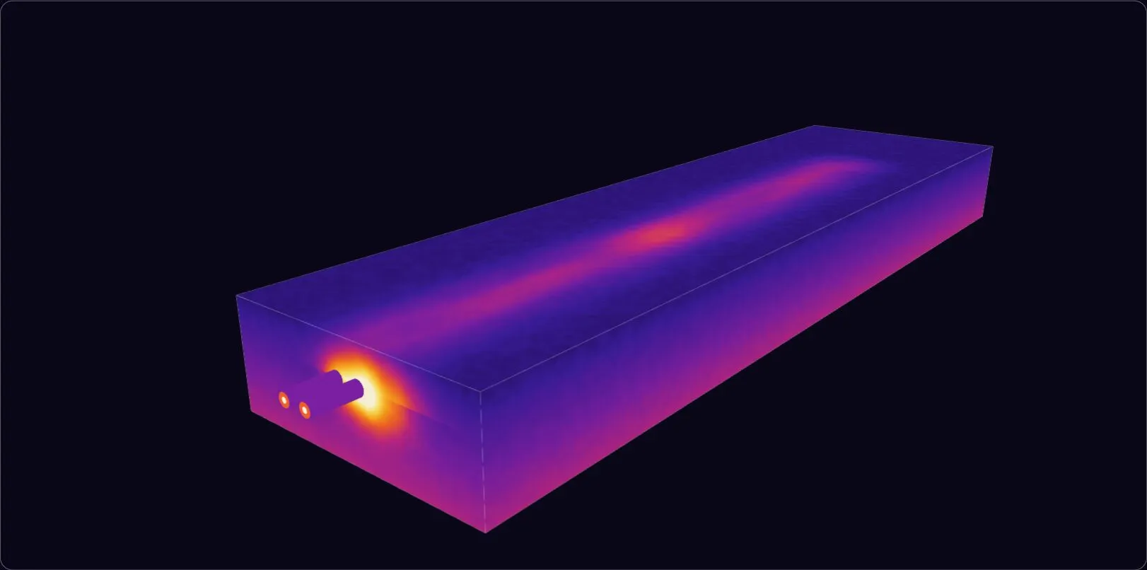 Szimulált 3D talajmetszet: két előszigetelt cső és a nedves zóna körülöttük hőképi színezéssel