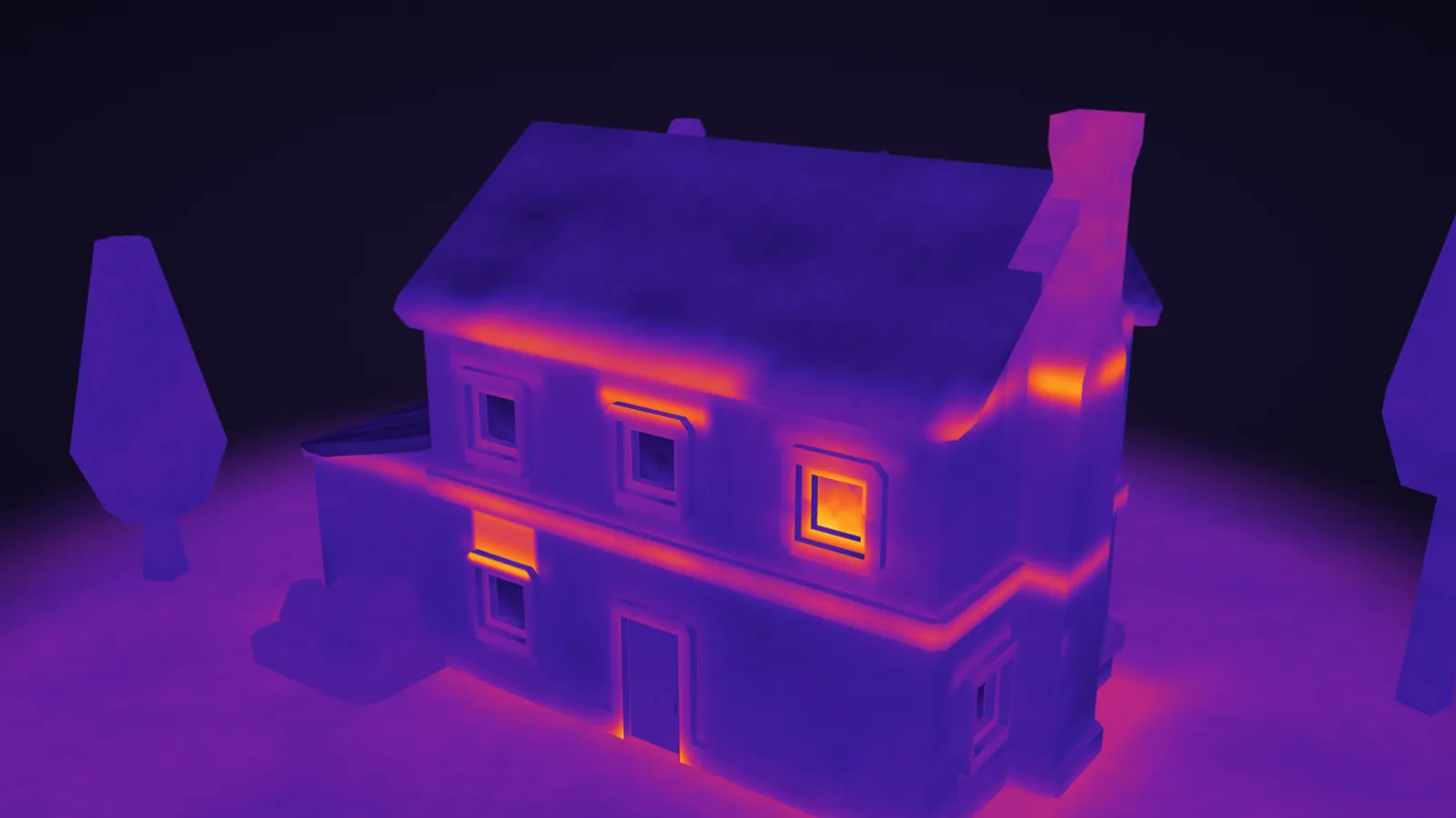 Családi ház 3D modellje szimulált hőtérképpel: a falak sötét lila–kék, az ablakkeretek, az eresz és a födémszél melegebb, sárgás–narancs sávként látszik.