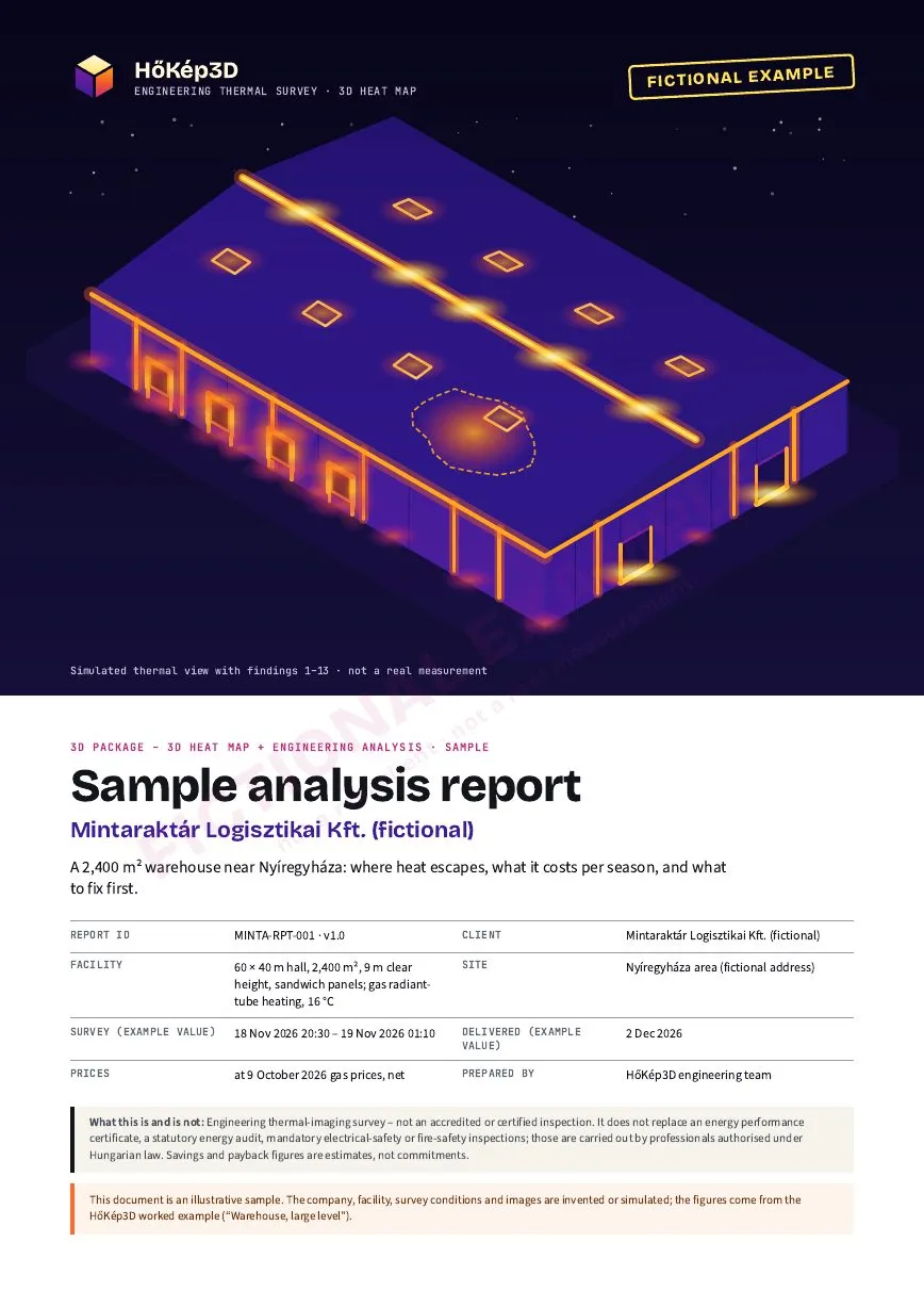 Cover of the sample report: an isometric hall with a simulated thermal image and a FICTIONAL EXAMPLE stamp