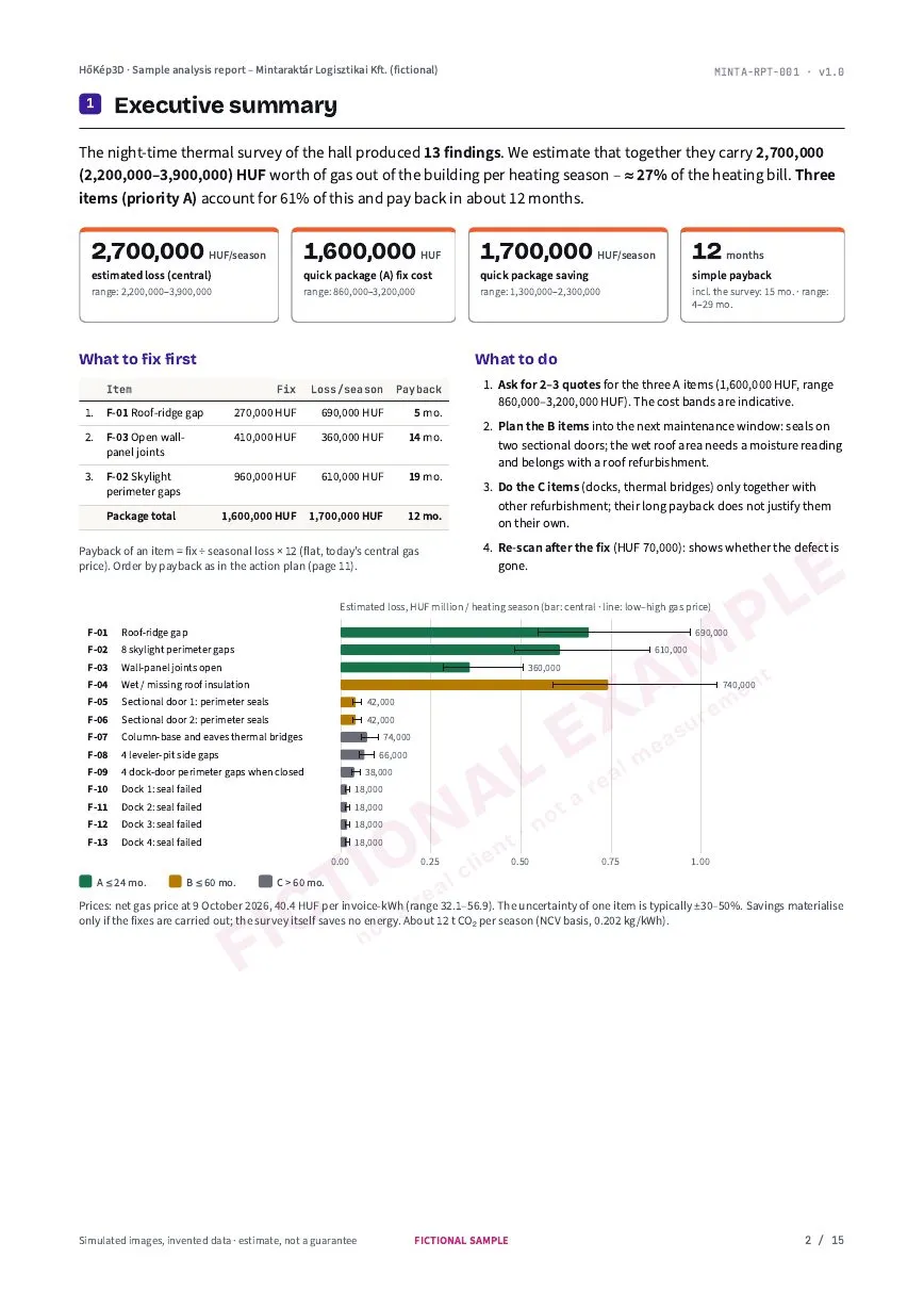 Executive summary: four key figures, three to-dos and a bar chart of the 13 findings