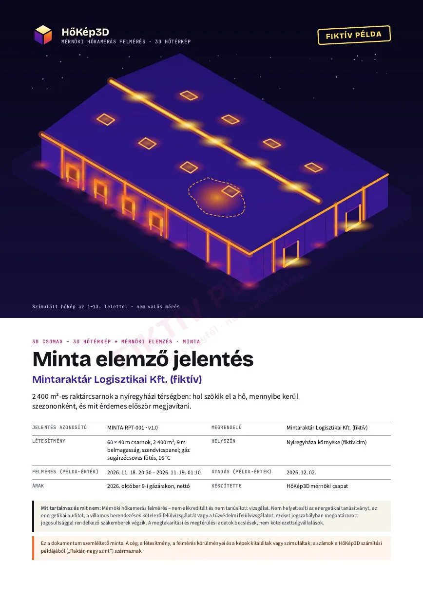 A minta jelentés címoldala: izometrikus csarnok szimulált hőképpel, FIKTÍV PÉLDA felirattal